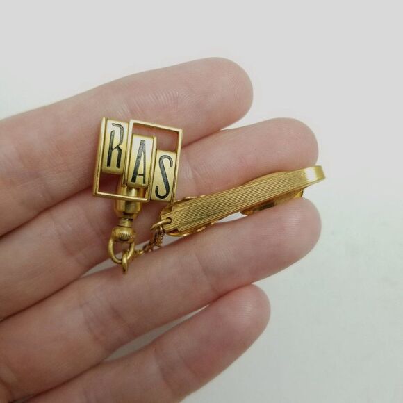 Vintage Hickok R.A.S Initial Monogram Tie Clip and Pin, Gold Tone Enamel Letters - Picture 5 of 5